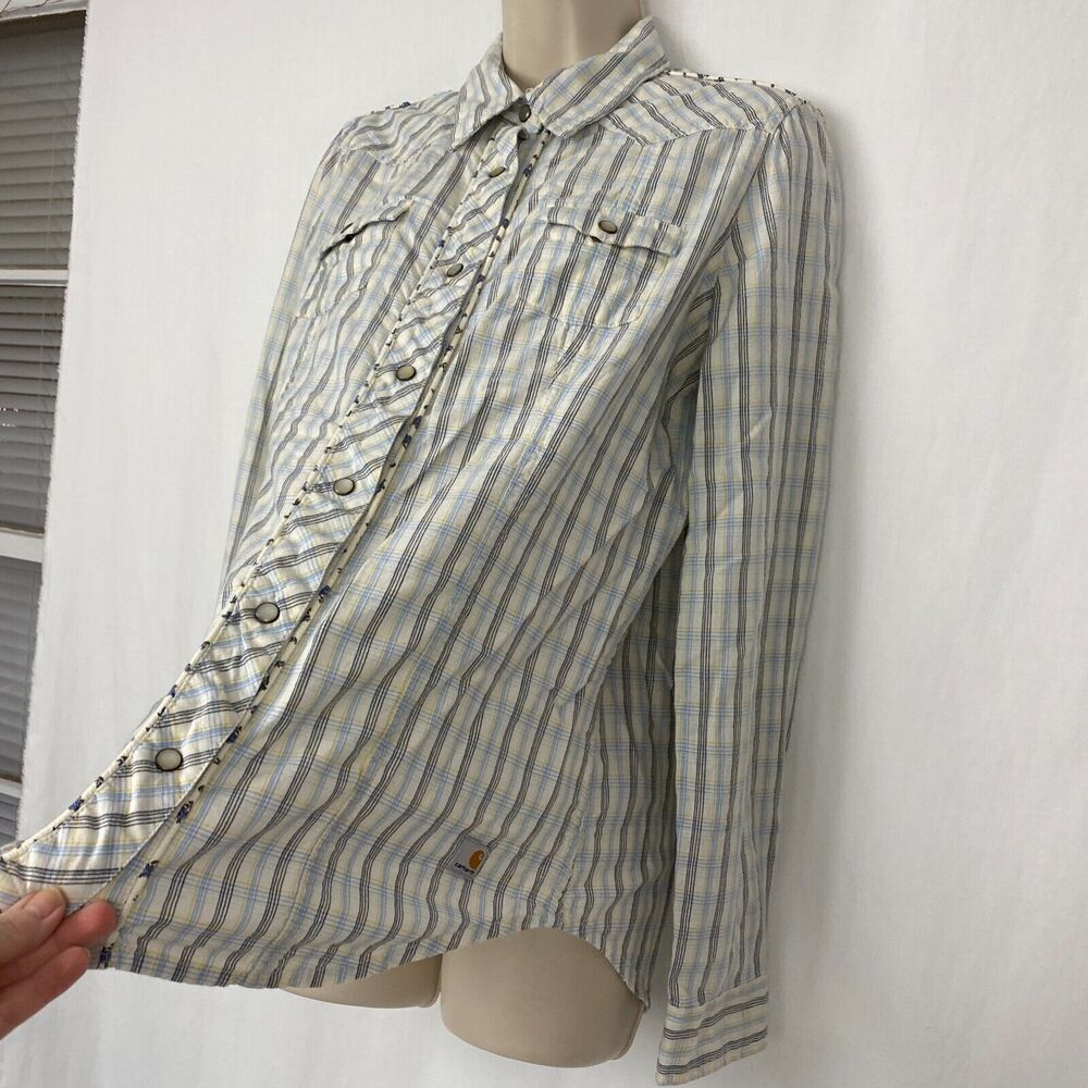 Carhartt Western Pearl Snap Shirt Womens Large Plaid Floral Trim Top WS024 LPW - Picture 4 of 11